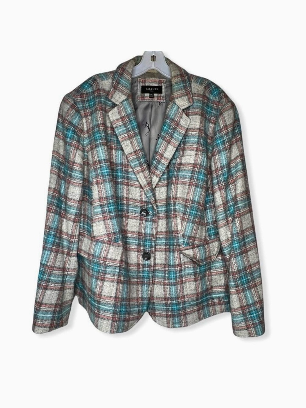 Talbots Turquoise Blue and Gray Plaid Wool Blend Blazer Size 20W